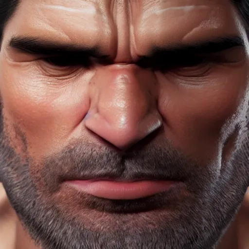 Image similar to detailed 3d render of the incredible hulks face, eric bana, lifelike textures and realistic hair, extreme close detail, high resolution, fine character detail