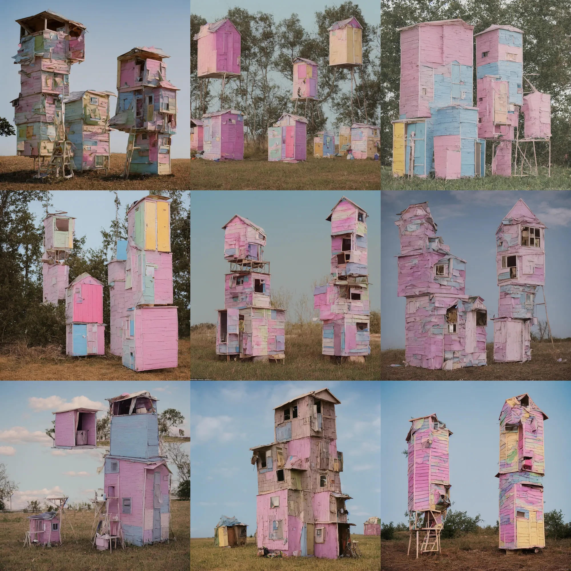 Prompt: a tower made up of makeshift squatter shacks with pastel colours, mamiya, 8 5 mm, f 1. 7, fully frontal view, uniform plain sky, fine details, photographed by julie blackmon