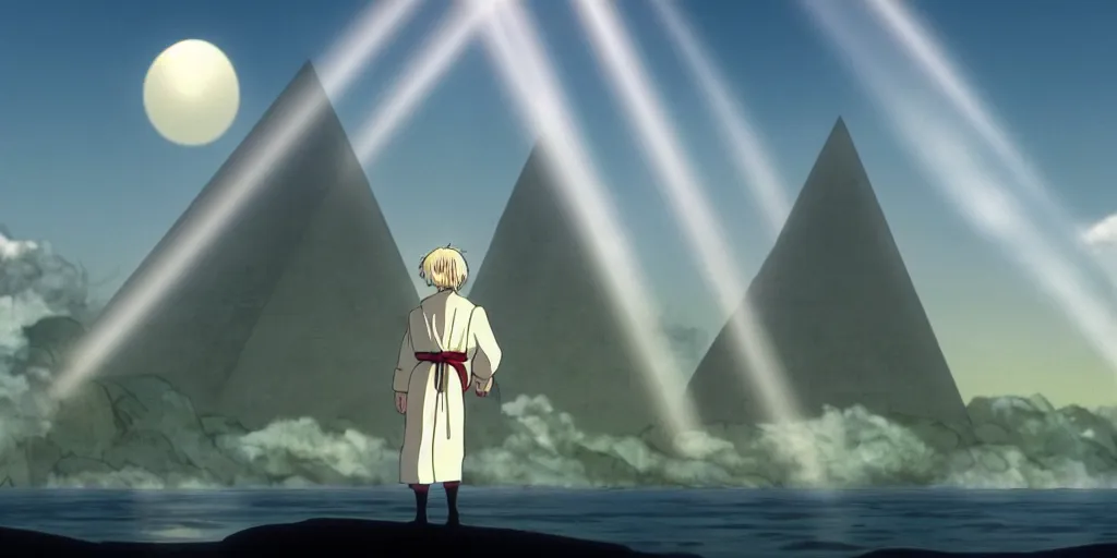 Image similar to a cell - shaded cartoon movie still from howl's moving castle ( 2 0 0 4 ) of a monk in a grey robe. in the background is a white pyramid with a golden capstone in the ocean. shafts of sunlight come from above. wide shot, very dull muted colors, hd, 4 k, hq