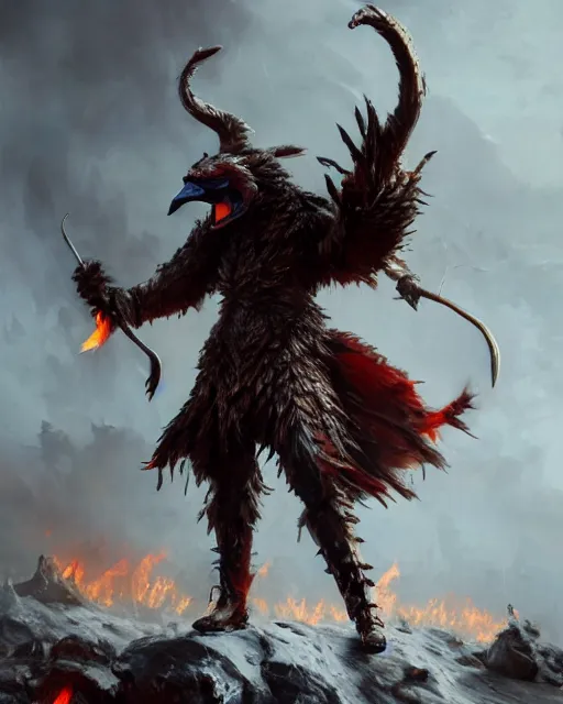 Image similar to oil painting of Angry Anthropomorphized Swan Berserker, wearing fur armor, claws, sharp focus, attack pose, fantasy style, octane render, volumetric lighting, 8k high definition, by greg rutkowski, highly detailed, trending on art Station, magic the gathering artwork, burning Battlefield background, centered