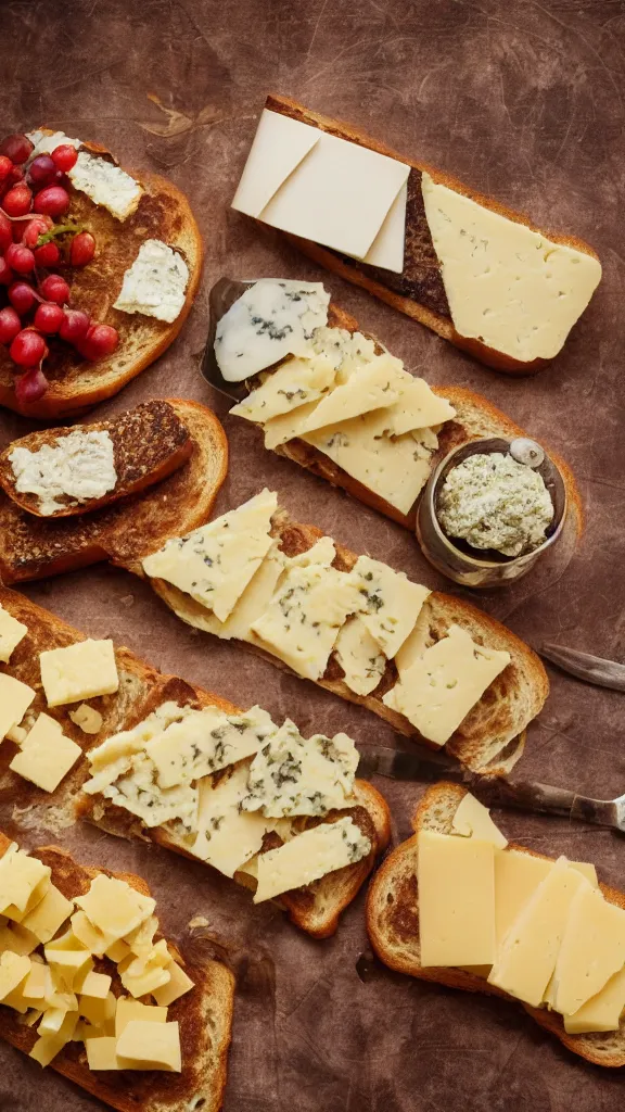 Image similar to 7 0 s food photography of an opulent spread of cheese on toast, on a velvet table cloth, soft focus