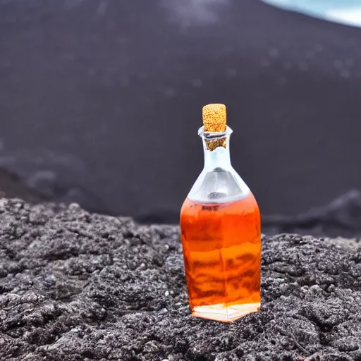 Image similar to symmetrical photo of small bottle standing, volcano background