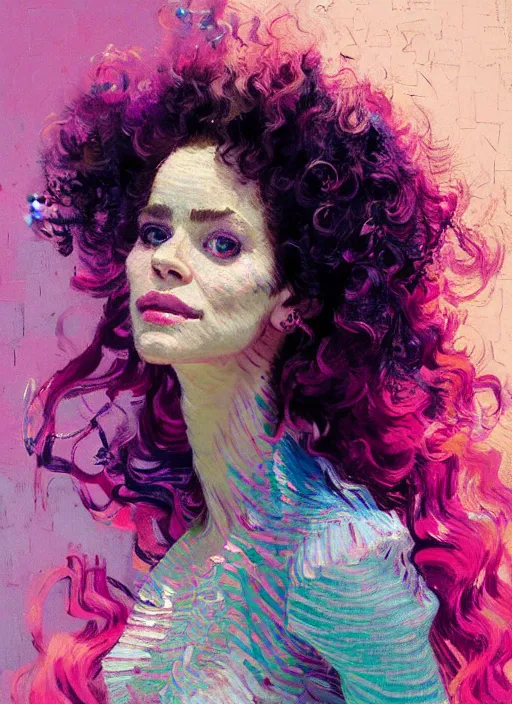 Prompt: portrait of a beautiful sensual woman, curly hair, smiling, ecstatic, dancing, shades of pink and blue, beautiful face, rule of thirds, intricate outfit, spotlight, by greg rutkowski, by jeremy mann, by francoise nielly, by van gogh, digital painting