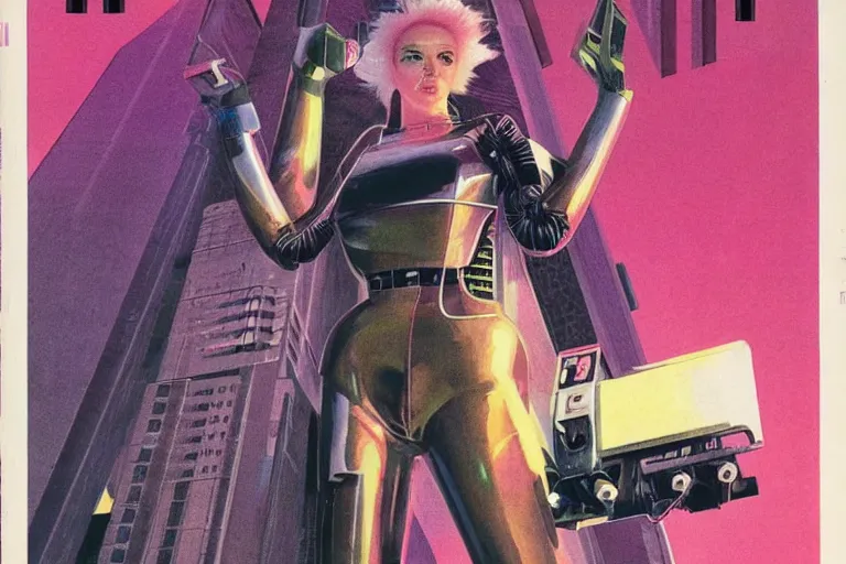 Image similar to 1979 OMNI Magazine Cover of android with shiny Chrome face with Pink hair. neo-Tokyo streets behind her. in cyberpunk style by Vincent Di Fate