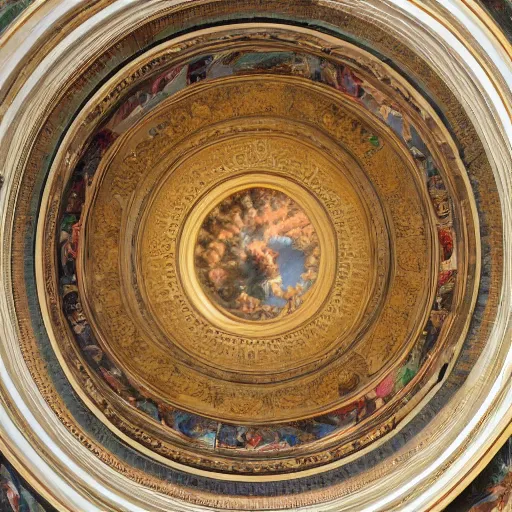 Image similar to ornated circular ceiling, with paintings of angels, highly detailed