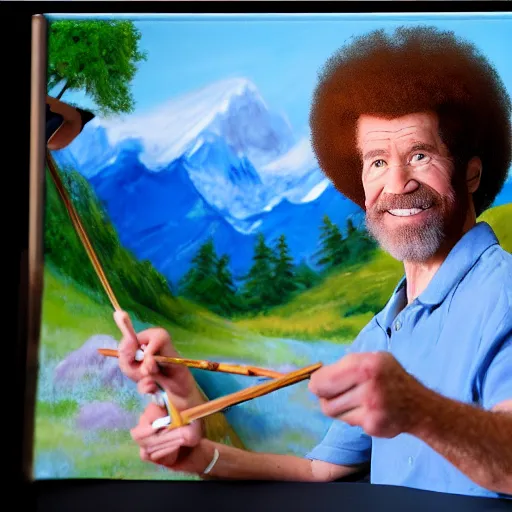 Image similar to a closeup photorealistic photograph of bob ross working on a canvas painting of mickey mouse. film still. brightly lit scene. mountains and trees. this 4 k hd image is trending on artstation, featured on behance, well - rendered, extra crisp, features intricate detail, epic composition and the style of unreal engine.