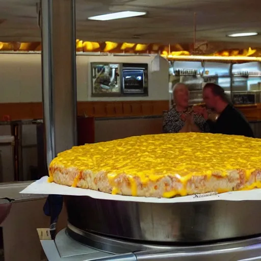 Prompt: a cheeseburger with 1 0 0 0 slices of cheese in it, overflowing with cheese, touching the ceiling