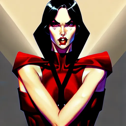 Image similar to artgerm, joshua middleton comic cover art, full body pretty megan fox vampire sharp teeth, red dress, symmetrical eyes, symmetrical face, long curly black hair, dark castle background background, cinematic lighting