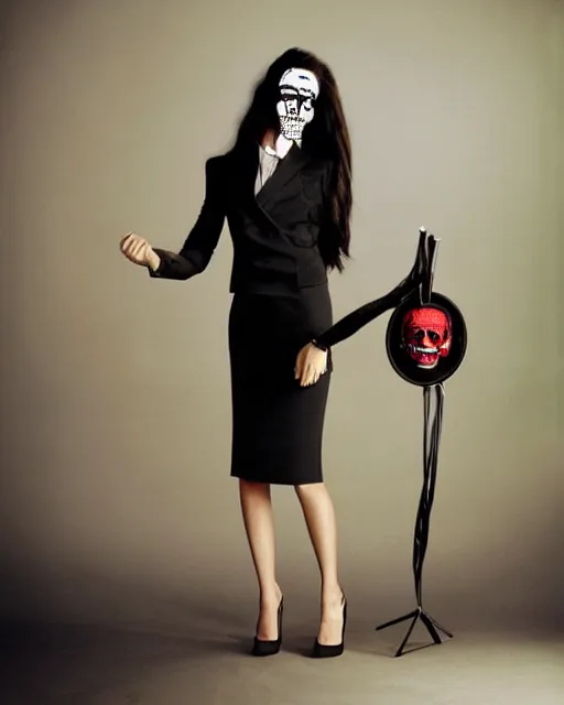 Prompt: portrait shot of a young woman with long hair and wearing a tight business suit and pumps, standing proudly on a round concentric rug in a large empty glass and wood conference room, avant-garde business casual look, straight long hair, and a full face pop art skull mask, high fashion photography by Steven Meisel for Vogue Italia