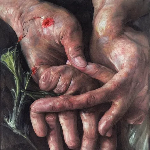 Image similar to a lot of hands touching flowers, by Jenny saville. Dark and atmospheric