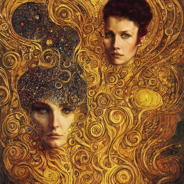 Image similar to Divine Chaos Engine portrait by Karol Bak, Jean Deville, Gustav Klimt, and Vincent Van Gogh, sacred geometry, visionary, mystic, fractal structures, ornate gilded medieval icon, spirals