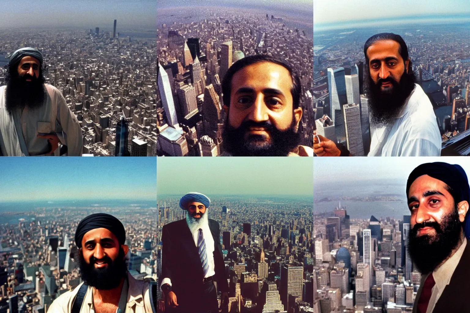 Prompt: a front camera picture of Osama Bin Laden from the top of the empire state building 1990 with the twin towers in the backround