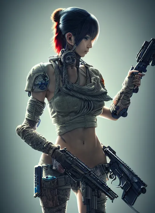 Image similar to the portrait of lawful neutral female cyberpunk marine sniper as absurdly beautiful, gorgeous, elegant, young gravure idol, an ultrafine hyperdetailed illustration by kim jung gi, irakli nadar, intricate linework, bright colors, octopath traveler, final fantasy, unreal engine 5 highly rendered, global illumination, radiant light, detailed and intricate environment