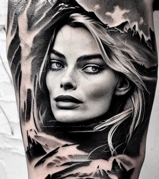 Prompt: tattoo design sketch double exposure of margot robbie faded with beautiful mountain scenery, creative mash up, in the style of arlo dicristina, surrealist, amazing detail, sharp
