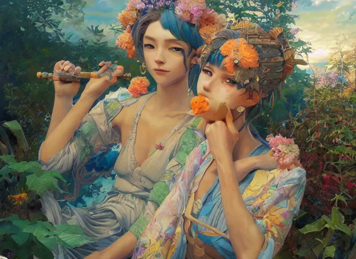 Prompt: beautiful anime painting of solarpunk summer chill day, by Tim Okamura, Victor Nizovtsev, Greg Rutkowski, Noah Bradley. trending on Artstation, 8k, masterpiece, graffiti paint, fine detail, full of color, intricate detail, golden ratio illustration