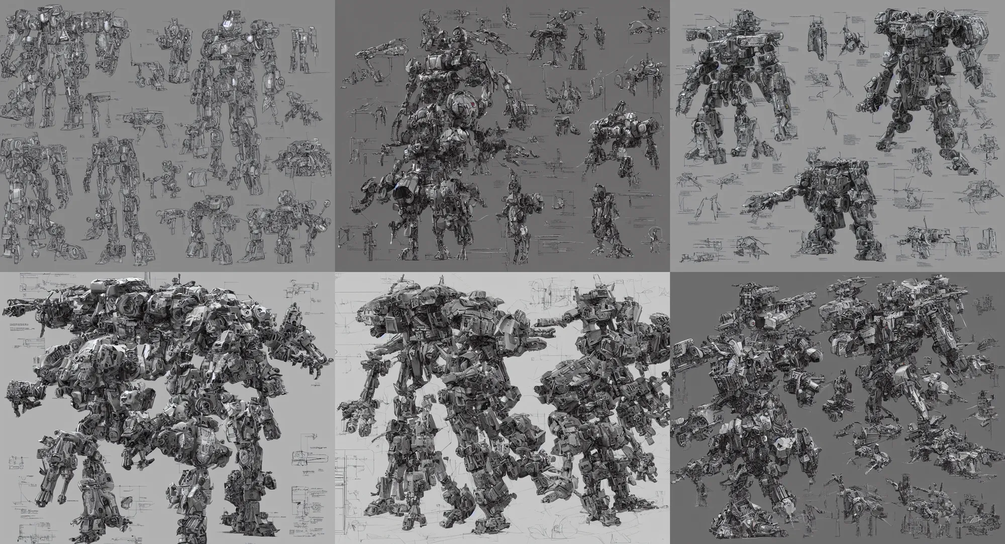 Prompt: A detailed schematic drawing of a battle mech, blueprint, technical drawing, military robot, concept art, character design, annotations, paper texture, hard surface, hyper detailed, matte painting, Artyom Turskyi, Longque Chen, Mack Sztaba, Vladimir Manyukhin artstation, 8k