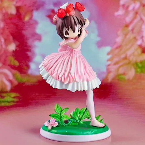 Prompt: a femo figurine of a cute funny strawberry fairy with a frilly floral dress featured on yotsubato, by hayao miyazaki, pastels, wide angle, dynamic pose, 🎀 🍓 🧚