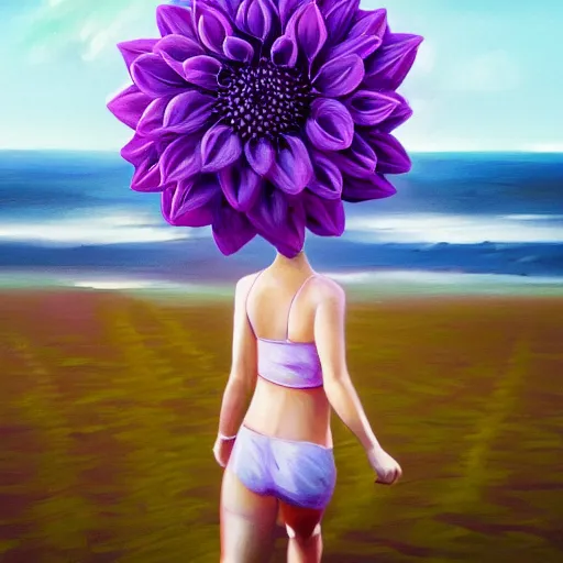 Image similar to portrait, giant purple dahlia flower head, woman running at the beach, surreal photography, sunrise, blue sky, dramatic light, impressionist painting, digital painting, artstation, simon stalenhag