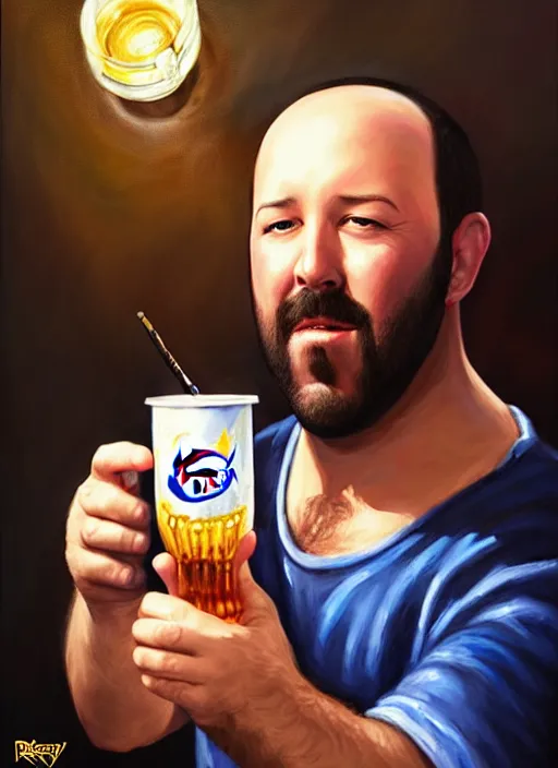 Image similar to a _ fantasy _ style _ portrait _ painting _ of burt kreischer drinking pepsi, rpg dnd oil _ painting _ unreal _ 5 _ daz. _ rpg _ portrait _ extremely _ detailed _ artgerm _ greg _ rutkowski _ greg