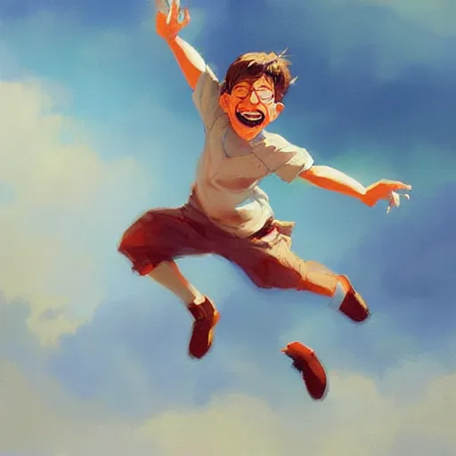 Prompt: Expressive painting of a happy boy flying through the air, digital art by Krenz Cushart, trending on artstation