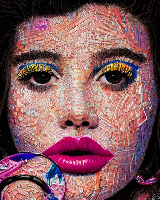 Image similar to a close up of beautiful cheerleader girl with pink lipstick wearing a multicoloured necklace surrounded by colourful intricate patterns, by caravaggio and michael whelan, intricate painting, hyper realistic, extremely detailed and beautiful aesthetic face, 8 k resolution