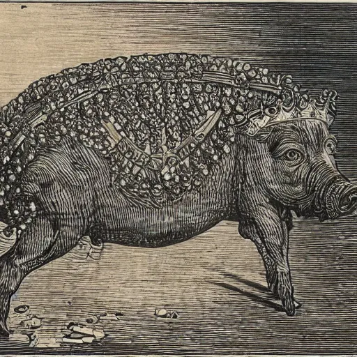 Prompt: a detailed woodcut of a pig in a gold crown by Gustave Doré