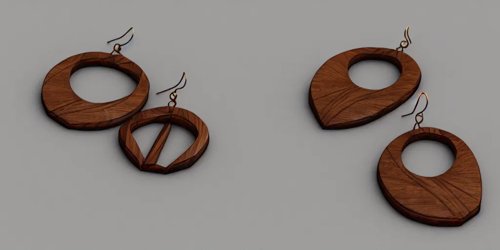 Image similar to earring design, jewelry design, wood, art deco, elegant, nordic, material, product design, trending on artstation, cgsociety, photo realistic, design by ziva cph and isabel lennse, 8 k, unreal engine, c 4 d