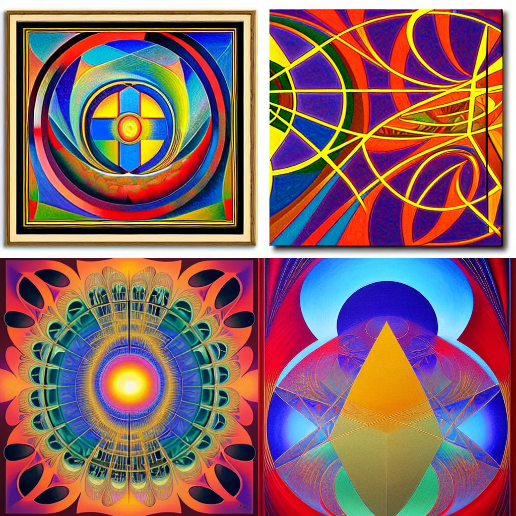 Prompt: abstract geometric art representing creation, oil painting designed by Frank Lloyd Wright, precisionist style, intricate detail, fractal elements