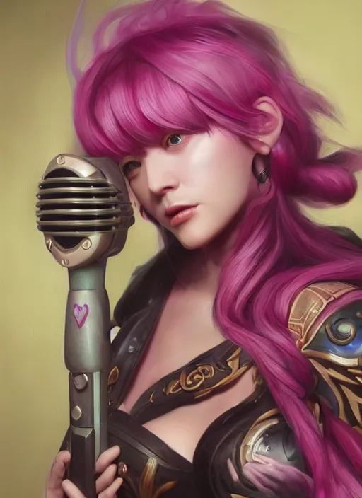 Image similar to seraphine, from league of legends, pink hair, studio microphone, musical instruments, au naturel, hyper detailed, digital art, trending in artstation, cinematic lighting, studio quality, smooth render, unreal engine 5 rendered, octane rendered, art style by klimt and nixeu and ian sprigger and wlop and krenz cushart