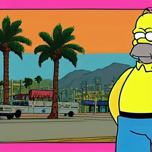 Image similar to Homer Simpson in GTA V. Los Santos in the background, palm trees. In the art style of Stephen Bliss