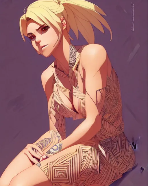 Prompt: blond woman in a tribal ripped dress, by artgerm, by studio muti, greg rutkowski makoto shinkai takashi takeuchi studio ghibli