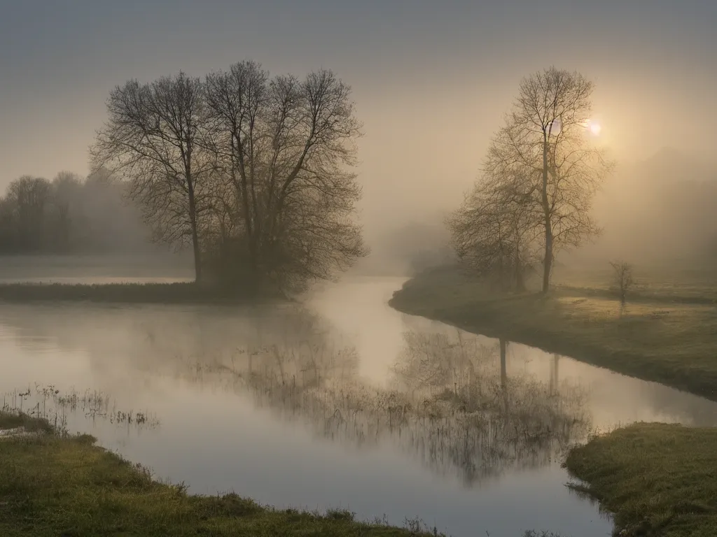 Image similar to A landscape photo taken by Kai Hornung of a river at dawn, misty, early morning sunlight, cold, chilly, two swans swim by, rural, English countryside