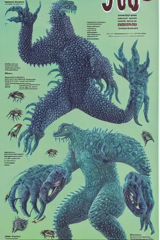 Image similar to biology textbook page, kaiju, 1980s