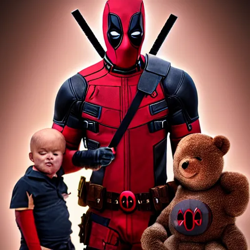 Image similar to deadpool family photo with the deadpool twins and cable is there with a burnt teddy bear in his hand and cable has a huge futuristic gun, photography, 4K 3D render, HD Wallpaper, digital art