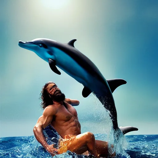 Image similar to film still of randy savage riding dolphin, splash art, detailed face, photorealistic facial features, cinematic lighting, dramatic, octane render, long lens, shallow depth of field, bokeh, anamorphic lens flare, hyper detailed, 3 5 mm film grain