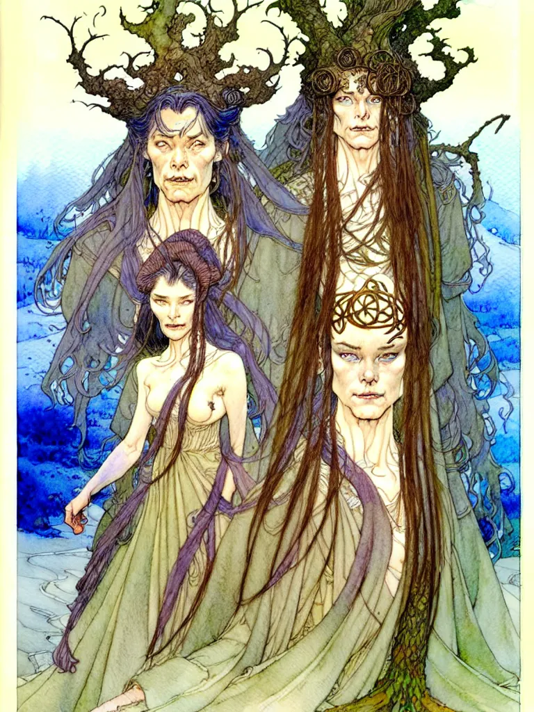 Image similar to a beautiful and very detailed character concept watercolour portrait painting by alan lee, rebecca guay, michael kaluta, charles vess and jean moebius giraud of a sanna marin, the prime minister of finland as a druidic wizard