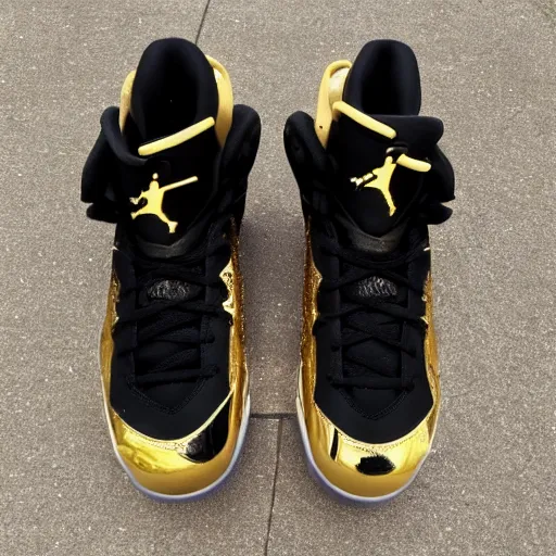 Prompt: jordan 6 basketball shoes black and gold elite
