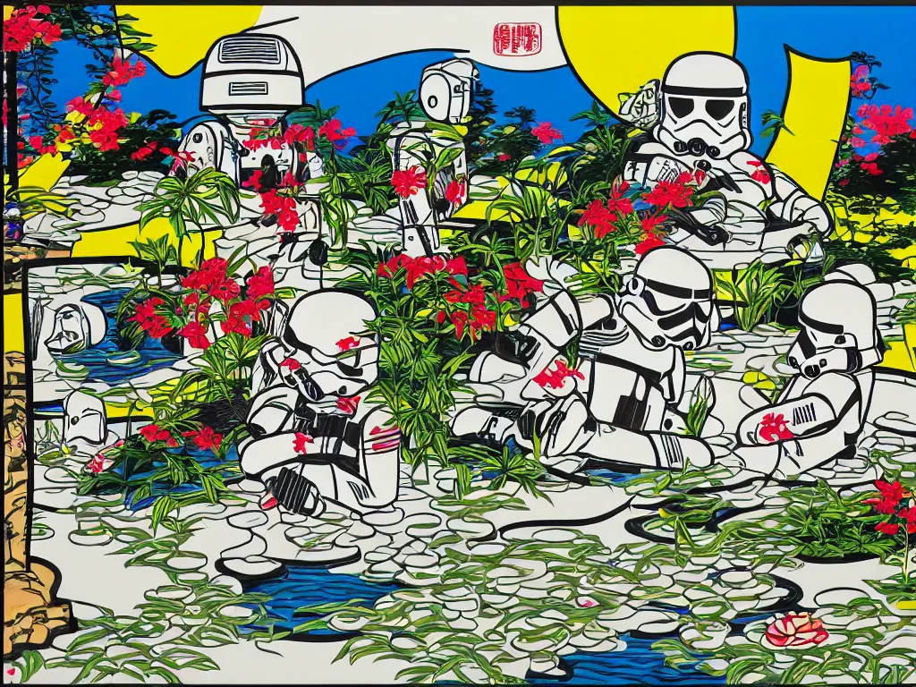 Image similar to detailed composition of the japanese home with a garden and a pond, 2 stormtroopers sitting around it, pop - art style, jacky tsai style, andy warhol style, roy lichtenstein style, rich palette, acrylic on canvas