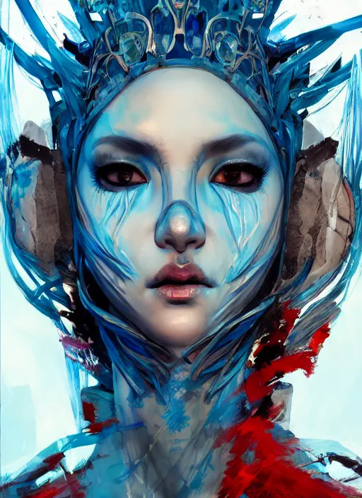 Prompt: half body portrait of a beautiful queen in an elaborate cracked mask that covers the whole face, and ornate pale blue dress, gray hair, red eyes. in style of yoji shinkawa and hyung - tae kim, trending on artstation, dark fantasy, great composition, concept art, highly detailed, dynamic pose, vibrant colours, octane render.