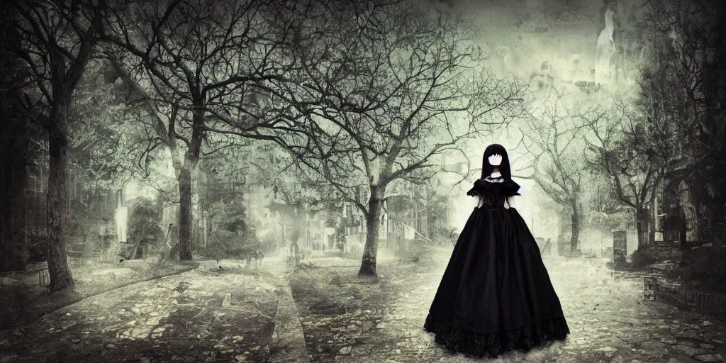 Image similar to beautiful android gothic lolita standing in a city taken over by nature , theme of sadness, melancholy, and dark beauty, high exposure