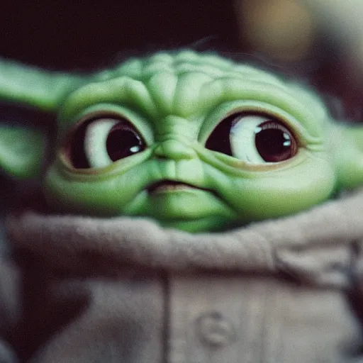 Image similar to baby yoda face closeup, strong bokeh, cinematic, high contrast, highly detailed