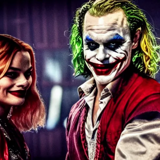 Image similar to heath ledger as the joker and margot robbie as harley quinn, posing shot, cinematic, ultra realistic, low lighting