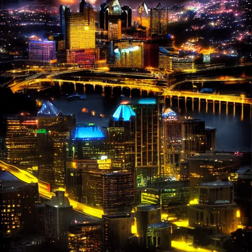 Prompt: dystopian Pittsburgh skyline, vibrant cyberpunk photo