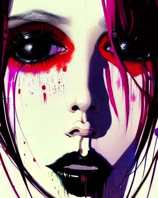 Image similar to close up, captivating, memorable, a ultradetailed beautiful photo of a unique woman wearing a hippy goth outfit standing too too too close, wide eyed staring at you, euphoric, by conrad roset, greg rutkowski and makoto shinkai trending on artstation