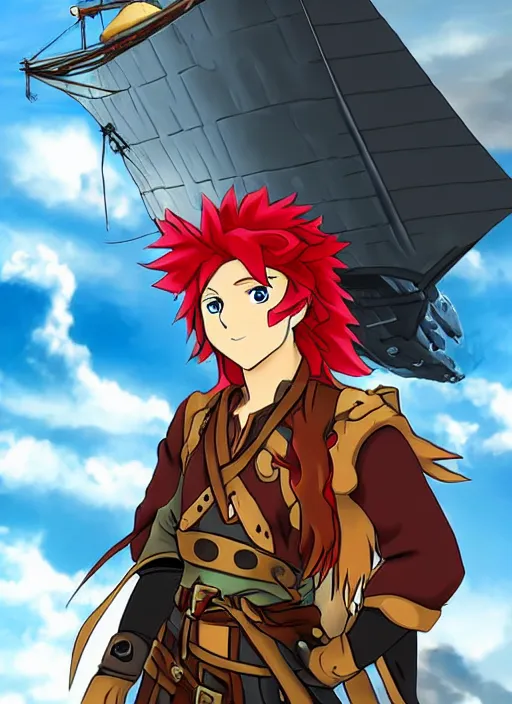 Image similar to An epic fantasy pokemon anime style portrait of a long haired, red headed male sky-pirate in front of an airship