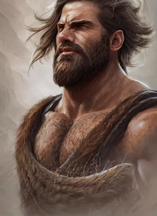 Image similar to portrait of a rugged ranger, muscular, upper body, hairy torso, D&D, fantasy, intricate, elegant, highly detailed, digital painting, artstation, concept art, smooth, sharp focus, illustration, art by artgerm