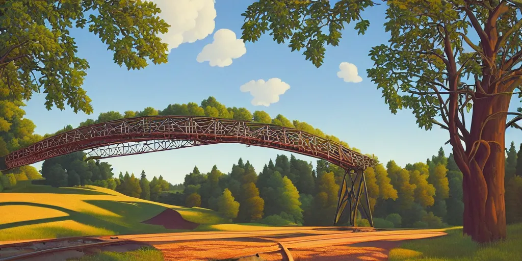 Image similar to tall bridge for trains, in the forest, blue sky, summer evening, kenton nelson