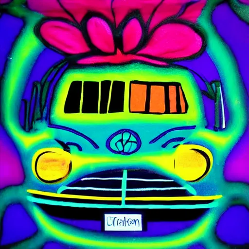 Prompt: psychedelic bumblebee driving a bus in a flower garden