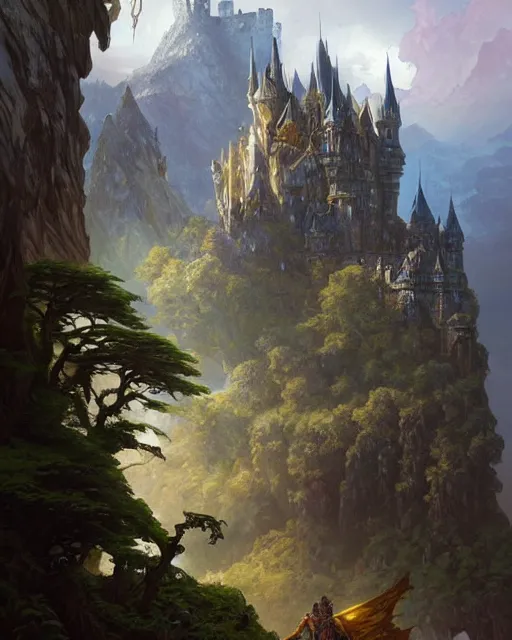 Prompt: A gorgeous fantasy landscape with a decaying castle in the background D&D, fantasy, intricate, elegant, highly detailed, digital painting, artstation, concept art, matte, sharp focus, illustration, hearthstone, art by Artgerm and Greg Rutkowski and Alphonse Mucha