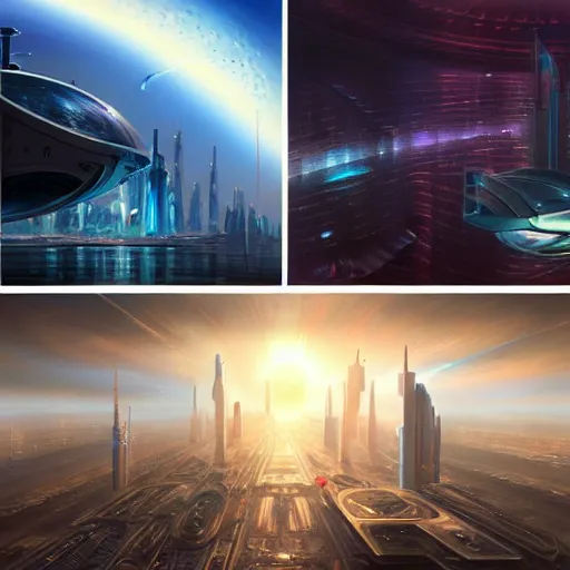 Prompt: a collage of images of a futuristic city, a detailed matte painting by john martin, cgsociety, space art, matte painting, concept art, reimagined by industrial light and magic